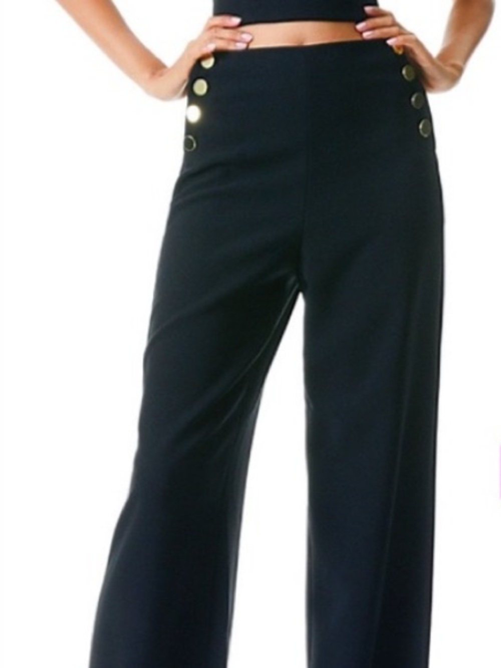 Alice + Olivia Black Wide-Leg Sailor Pants with Gold Accent Buttons Size 4